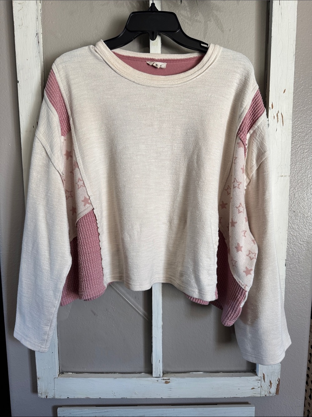 POL Ivory oversized top with Dusty Rose waffle knit Patchwork & stars design.